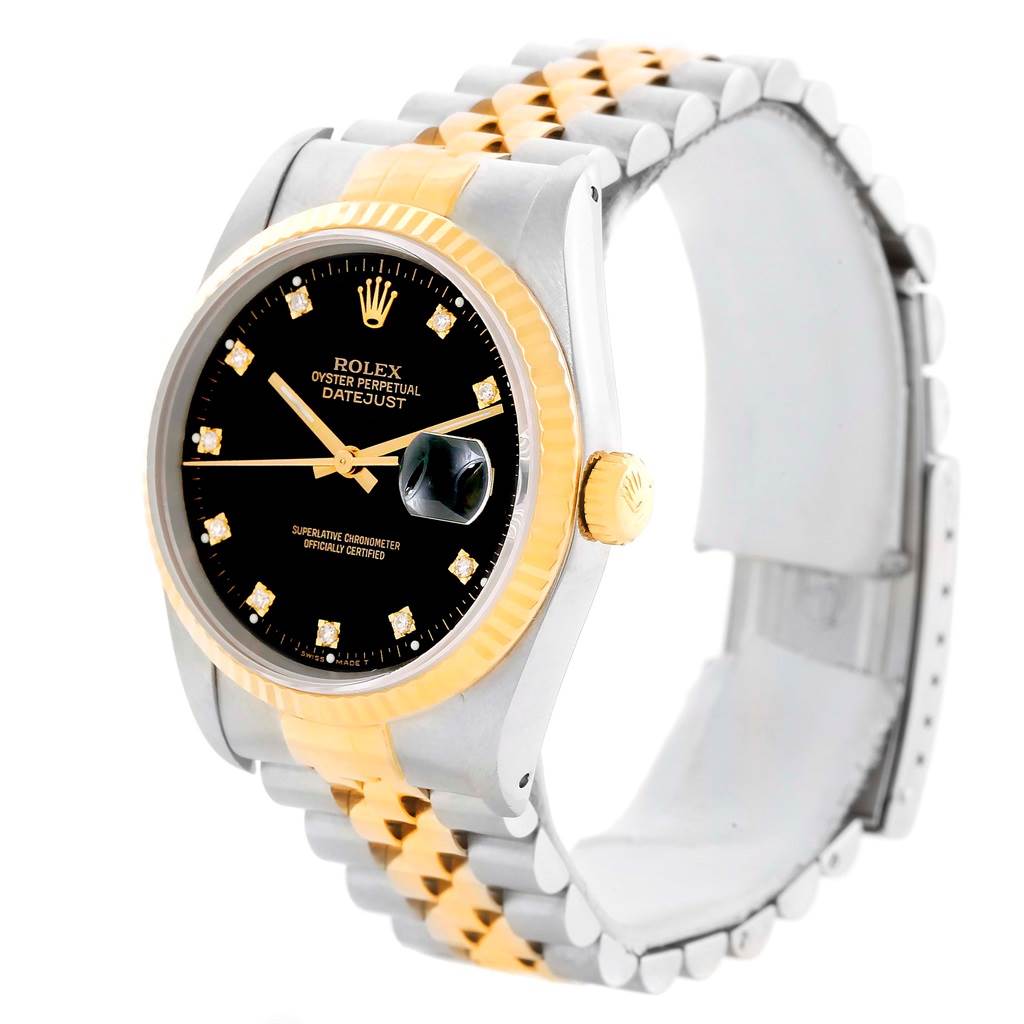 This Rolex Datejust 16233 Steel and Gold (two tone) Black Dial 16233 Steel and Gold (two tone) Black Dial watch is shown at a slight side angle, highlighting its bezel, crown, bracelet, and dial with date magnifier.