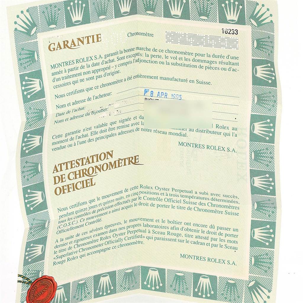 This image shows a warranty and official chronometer certification document for the Rolex Datejust 16233 Men's Steel and Gold (two tone) Champagne Dial 16233 Men's Steel and Gold (two tone) Champagne Dial model.