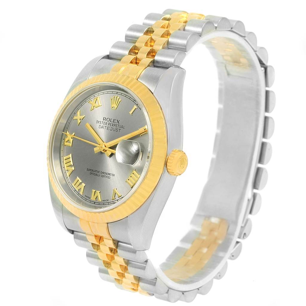 This Rolex Datejust 116233 Men's Stainless Steel Grey Dial 116233 Men's Stainless Steel Grey Dial watch is shown at a slight angle, displaying its face, bezel, crown, and bracelet.