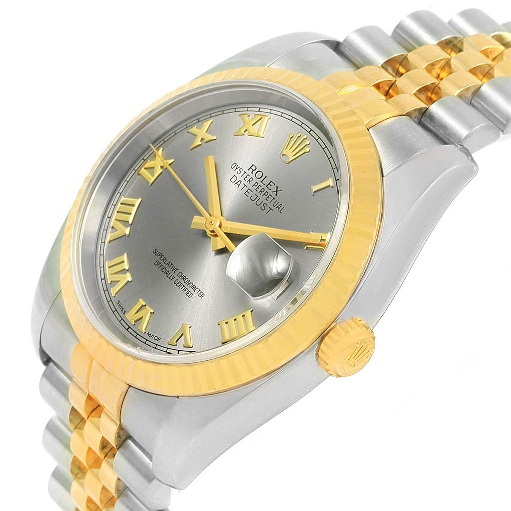 The image shows a side angle of a Rolex Datejust 116233 Men's Stainless Steel Grey Dial 116233 Men's Stainless Steel Grey Dial watch, highlighting the dial, bezel, crown, and bracelet.