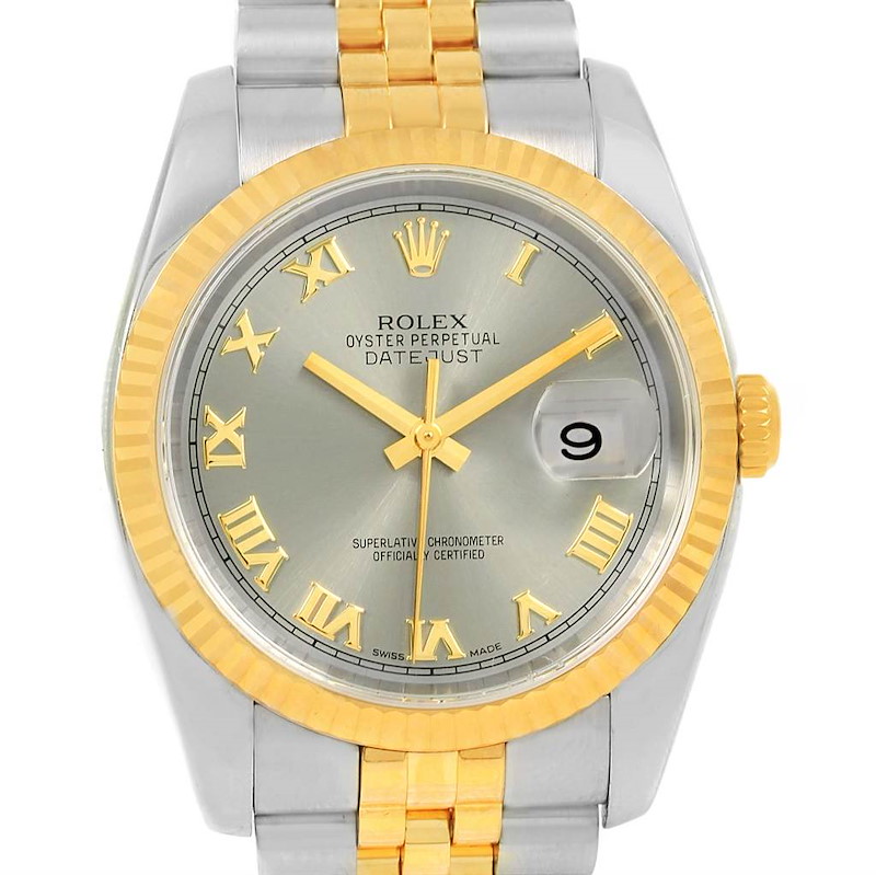 Rolex Datejust Steel 18K Yellow Gold Slate Roman Dial Watch 116233 SwissWatchExpo