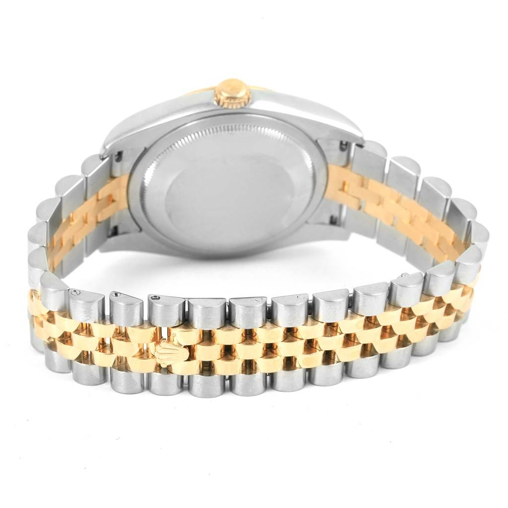 This image shows the back and bracelet of a Rolex Datejust 116233 Men's Stainless Steel Grey Dial 116233 Men's Stainless Steel Grey Dial watch, highlighted in silver and gold tones.