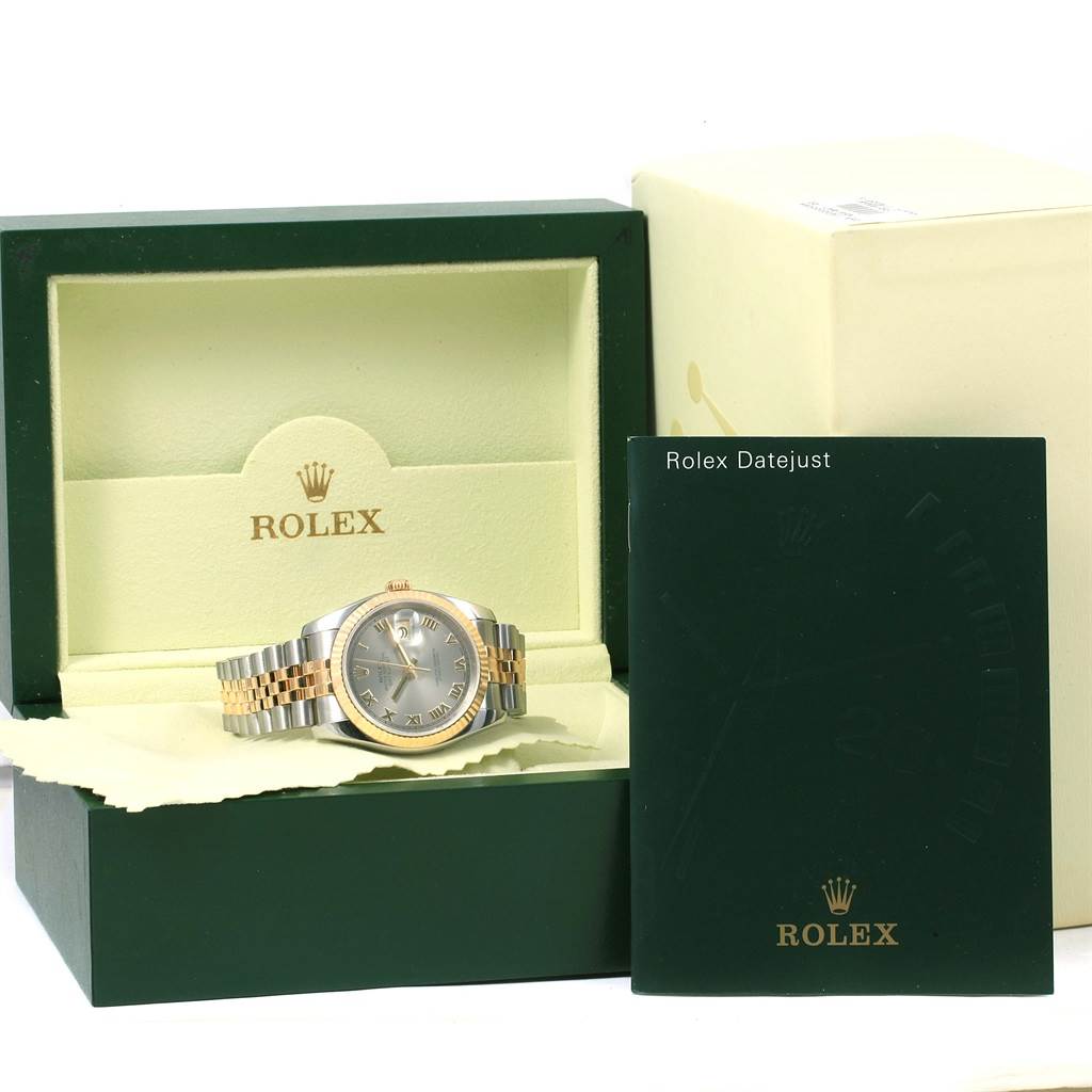 The image shows a Rolex Datejust 116233 Men's Stainless Steel Grey Dial 116233 Men's Stainless Steel Grey Dial watch in its open box, accompanied by a booklet and outer packaging.