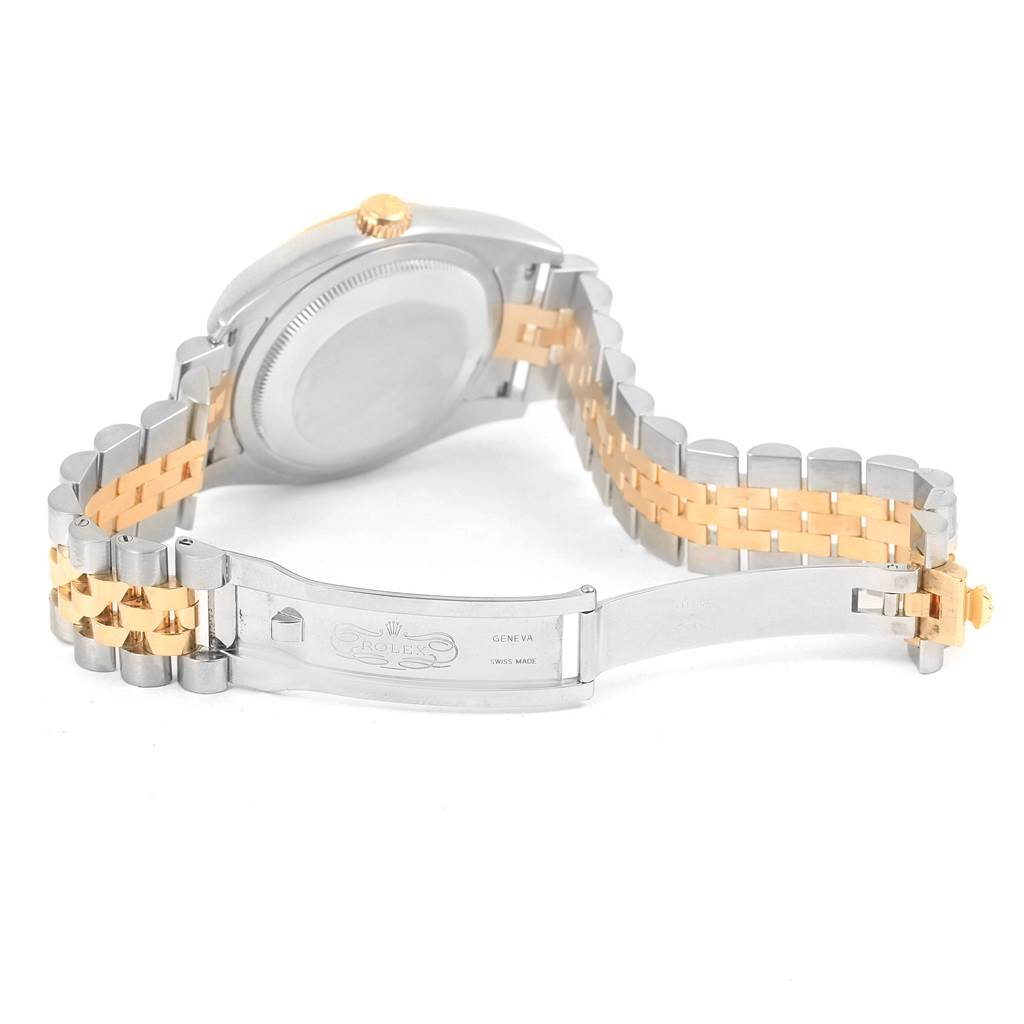 This image shows the backside and clasp of a Rolex Datejust 116233 Men's Stainless Steel Grey Dial 116233 Men's Stainless Steel Grey Dial watch, highlighting the two-tone metal bracelet and open clasp.