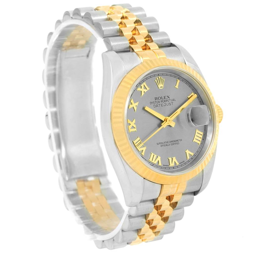 The image shows a Rolex Datejust 116233 Men's Stainless Steel Grey Dial 116233 Men's Stainless Steel Grey Dial watch from an angled side view, displaying its dial, bezel, and two-tone metal bracelet.