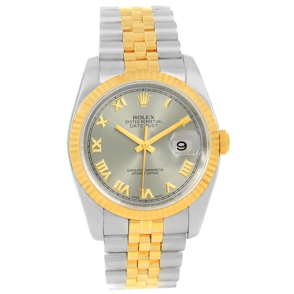 This is a front view of a Rolex Datejust 116233 Men's Stainless Steel Grey Dial 116233 Men's Stainless Steel Grey Dial showing the dial, bezel, bracelet, and crown.