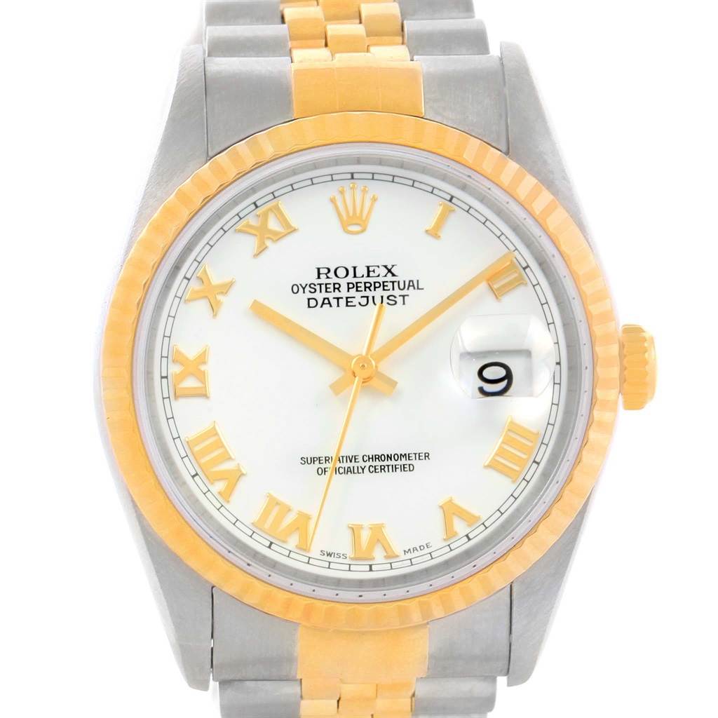 The image shows a front view of a Rolex Datejust 16233 Men's Steel and Gold (two tone) White Dial 16233 Men's Steel and Gold (two tone) White Dial watch, highlighting the dial, bezel, and part of the two-tone bracelet.