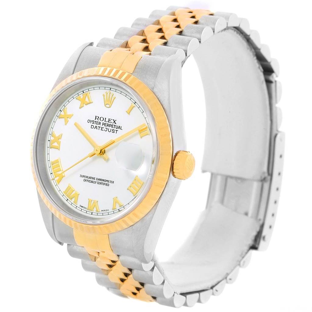 The image shows a front angle of the Rolex Datejust 16233 Men's Steel and Gold (two tone) White Dial 16233 Men's Steel and Gold (two tone) White Dial watch highlighting the face, fluted bezel, and two-tone jubilee bracelet.