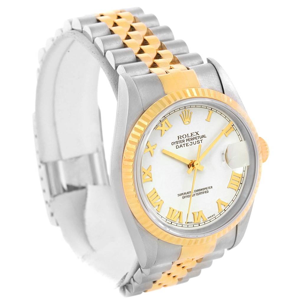 The image shows a Rolex Datejust 16233 Men's Steel and Gold (two tone) White Dial 16233 Men's Steel and Gold (two tone) White Dial watch with a two-tone steel and gold Jubilee bracelet and a fluted bezel, displayed at an angle.