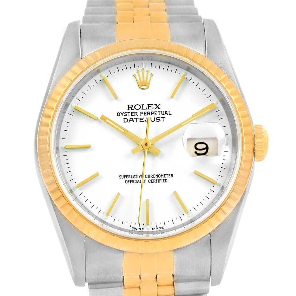 This is a straight-on view of the Rolex Datejust 16233 Men's Steel and Gold (two tone) White Dial 16233 Men's Steel and Gold (two tone) White Dial watch showing the dial, bezel, and part of the bracelet.