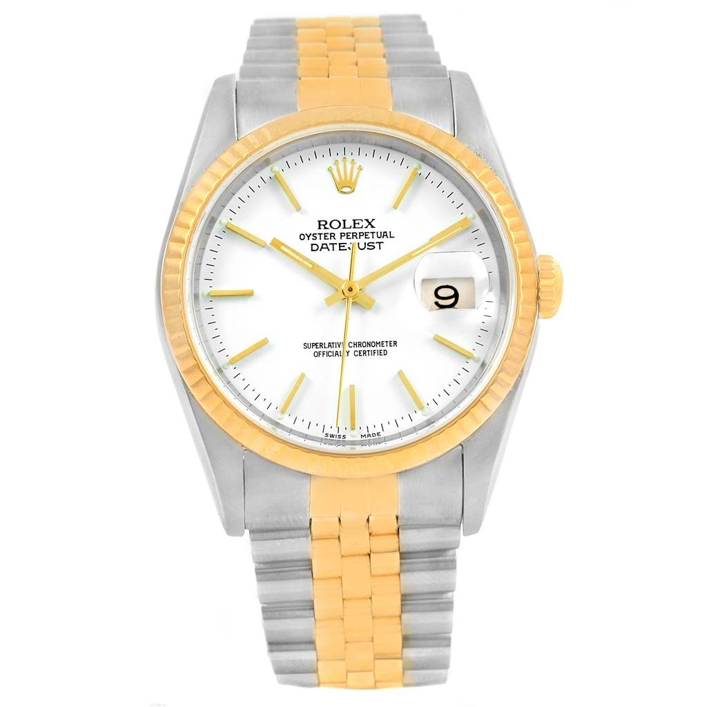 This image shows the Rolex Datejust 16233 Men's Steel and Gold (two tone) White Dial 16233 Men's Steel and Gold (two tone) White Dial watch from a front angle, highlighting its dial, bezel, and two-tone bracelet.