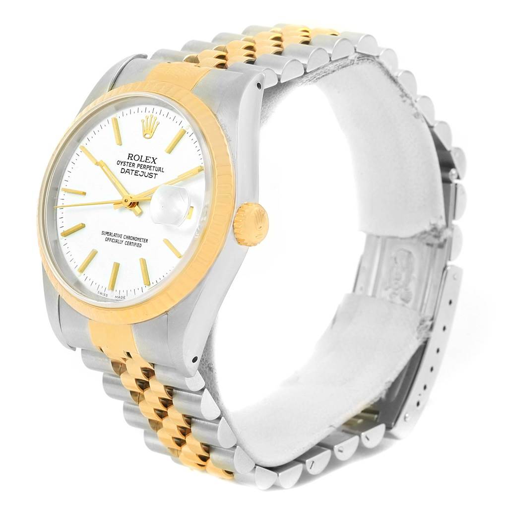 This Rolex Datejust 16233 Men's Steel and Gold (two tone) White Dial 16233 Men's Steel and Gold (two tone) White Dial watch is shown at an angle displaying the face, case, crown, and part of the bracelet.