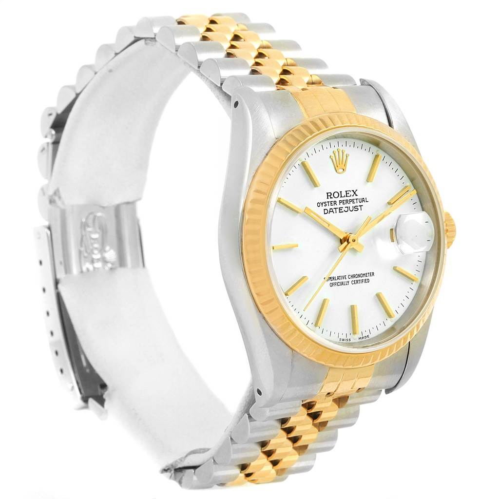 The image shows a Rolex Datejust 16233 Men's Steel and Gold (two tone) White Dial 16233 Men's Steel and Gold (two tone) White Dial watch at a three-quarter angle, highlighting its dial, bezel, crown, and two-tone metal bracelet.