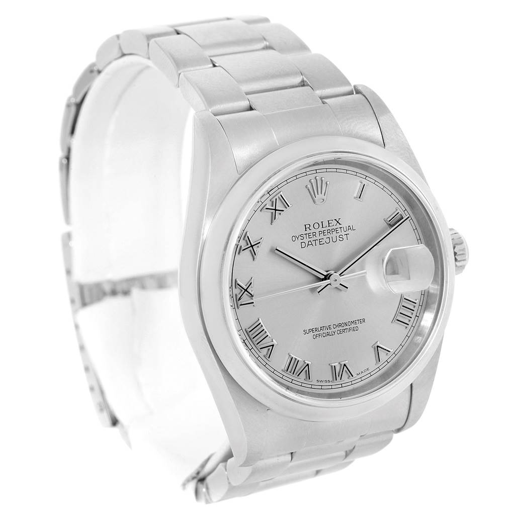 The Rolex Datejust 16200 Men's Stainless Steel Grey Dial 16200 Men's Stainless Steel Grey Dial watch is shown at a three-quarter angle, highlighting the face, bezel, crown, and part of the bracelet.