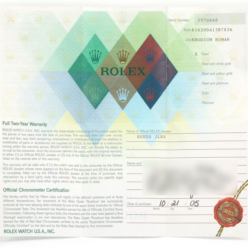 This image shows the warranty certificate and chronometer certification for a Rolex Datejust 16200 Men's Stainless Steel Grey Dial 16200 Men's Stainless Steel Grey Dial watch model R16200A13B7836.