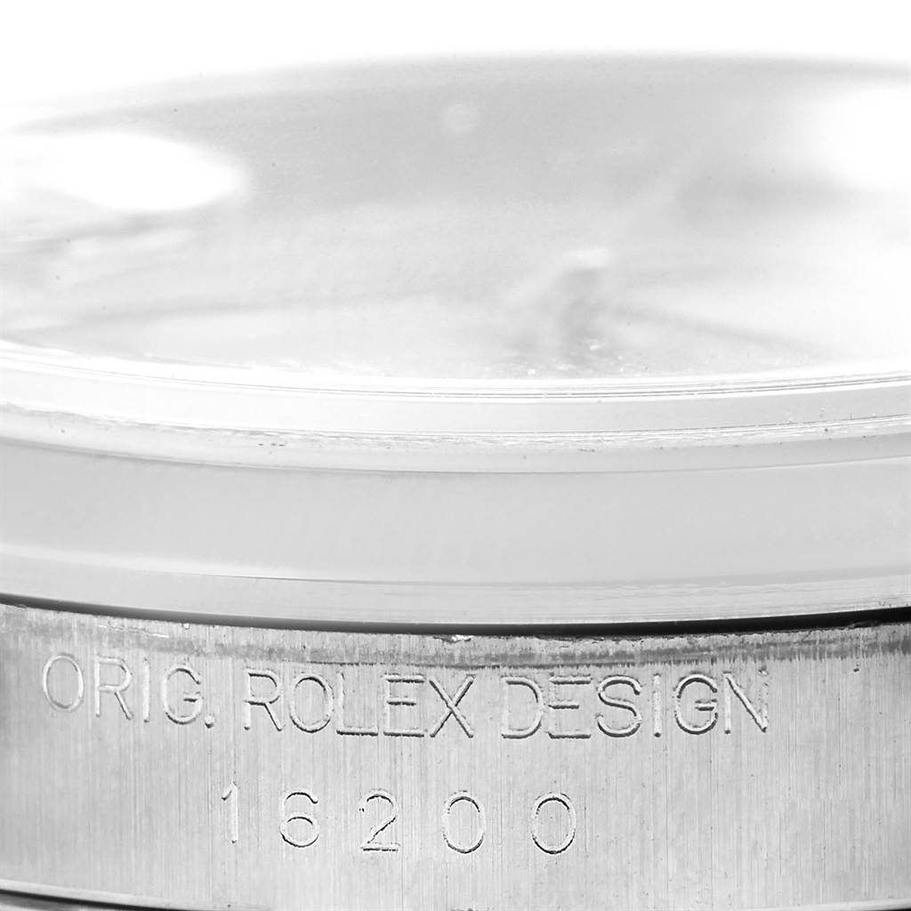 This image shows the case side and bezel of a Rolex Datejust 16200 Men's Stainless Steel Grey Dial 16200 Men's Stainless Steel Grey Dial watch, specifically highlighting the model number 16200.