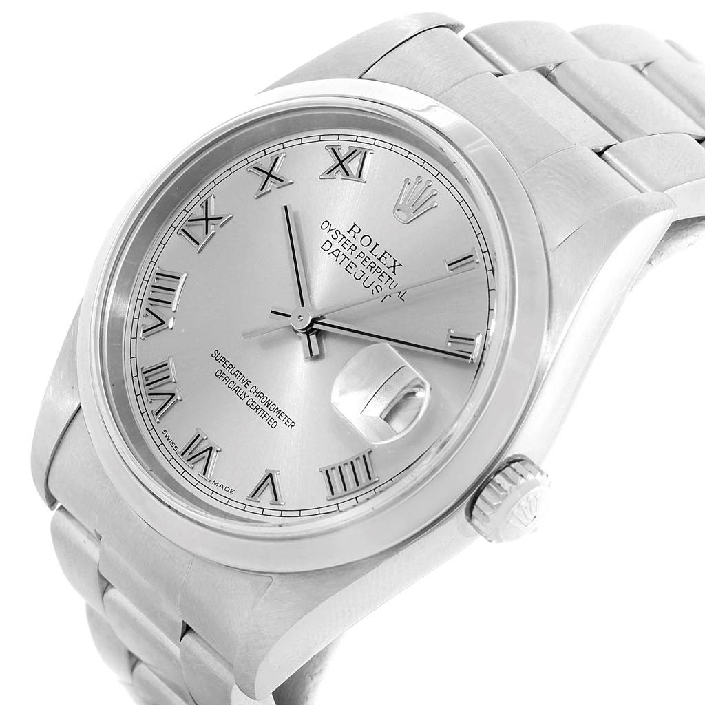 The image showcases a Rolex Datejust 16200 Men's Stainless Steel Grey Dial 16200 Men's Stainless Steel Grey Dial watch at an angled view, detailing its face, bezel, crown, and bracelet.