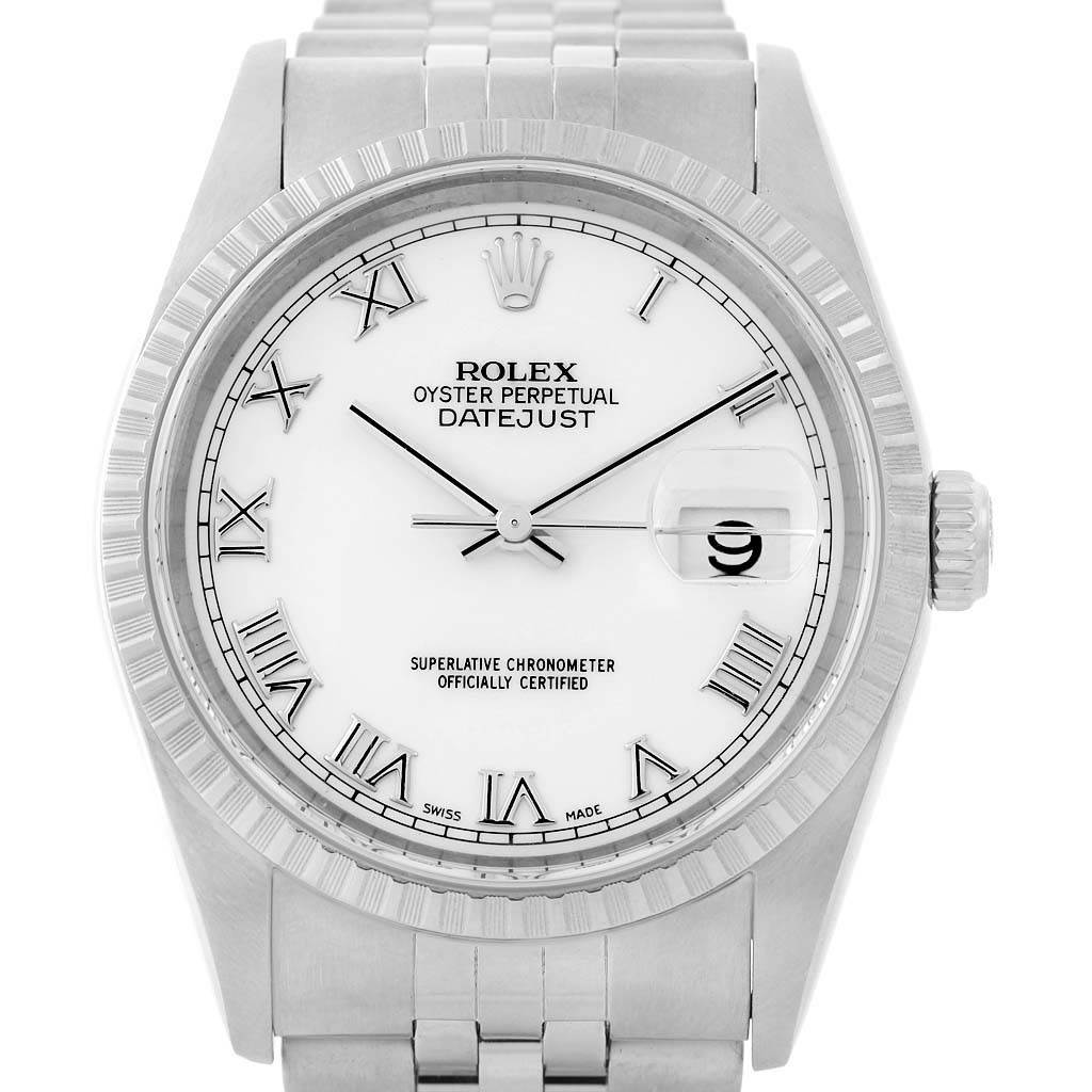 This image shows a front view of a Rolex Datejust 16220 Men's Stainless Steel White Dial 16220 Men's Stainless Steel White Dial watch with a white dial and Roman numeral hour markers.