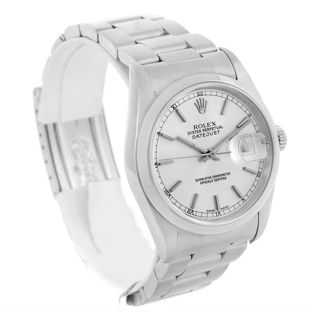 The Rolex Datejust 16200 Men's Stainless Steel Silver Dial 16200 Men's Stainless Steel Silver Dial watch is shown at a three-quarter angle, displaying its face, bezel, bracelet, and crown.