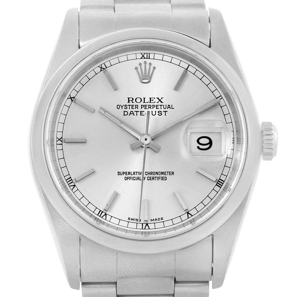 This Rolex Datejust 16200 Men's Stainless Steel Silver Dial 16200 Men's Stainless Steel Silver Dial watch is shown from a front angle, displaying the dial, hour markers, hands, date window, and part of the bracelet.