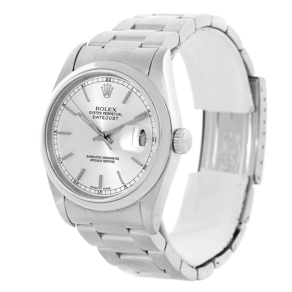 The image shows a Rolex Datejust 16200 Men's Stainless Steel Silver Dial 16200 Men's Stainless Steel Silver Dial watch at a 3/4 angle, highlighting the face, bracelet, and crown.
