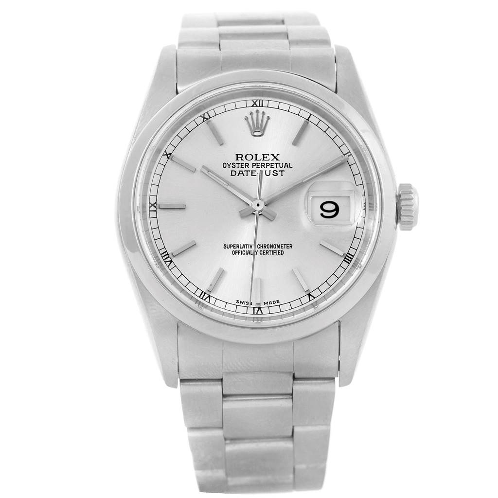 The image shows a front view of the Rolex Datejust 16200 Men's Stainless Steel Silver Dial 16200 Men's Stainless Steel Silver Dial watch, highlighting the dial, bezel, and bracelet.