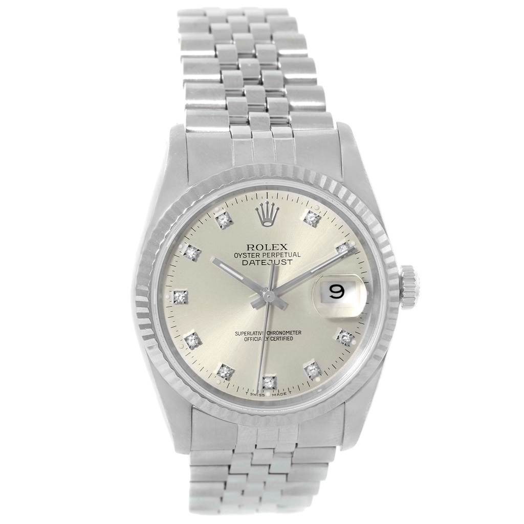The image shows a frontal view of a Rolex Datejust 16234 Men's Stainless Steel Silver Dial 16234 Men's Stainless Steel Silver Dial watch, displaying the dial, bezel, bracelet, and crown.