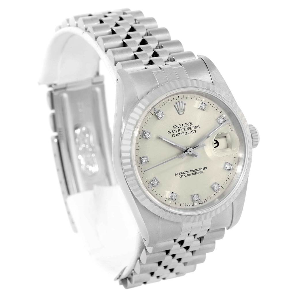 The image shows a Rolex Datejust 16234 Men's Stainless Steel Silver Dial 16234 Men's Stainless Steel Silver Dial watch from a three-quarters angle, displaying its dial, bezel, and part of the bracelet.