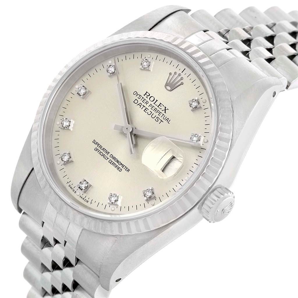 The image shows a close-up, angled view of a Rolex Datejust 16234 Men's Stainless Steel Silver Dial 16234 Men's Stainless Steel Silver Dial watch, highlighting the dial, crown, and bracelet.