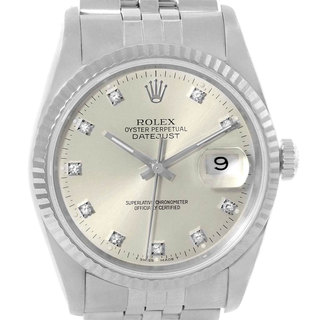 The image shows a close-up of the Rolex Datejust 16234 Men's Stainless Steel Silver Dial 16234 Men's Stainless Steel Silver Dial watch, highlighting the dial, bezel, and part of the bracelet.