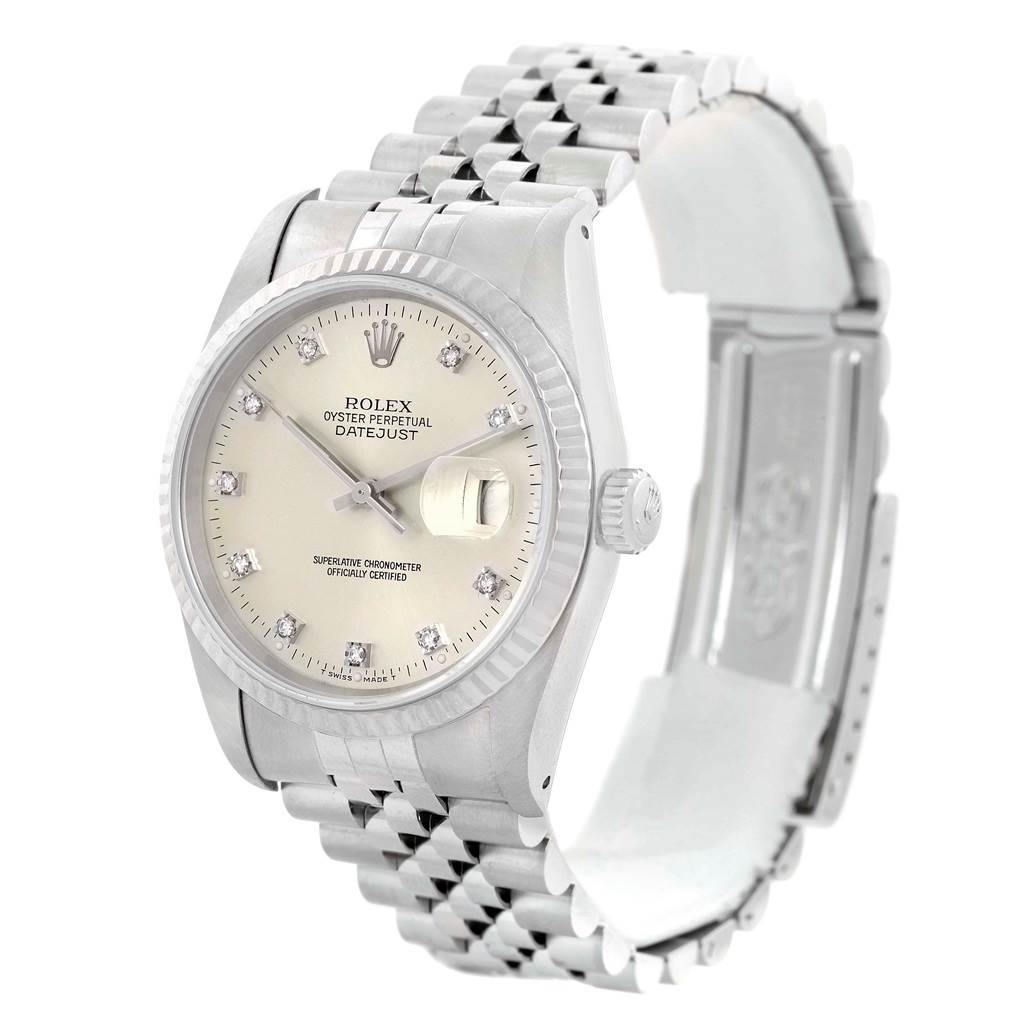 The image shows a Rolex Datejust 16234 Men's Stainless Steel Silver Dial 16234 Men's Stainless Steel Silver Dial watch at a three-quarter angle, highlighting its bezel, dial, and jubilee bracelet.