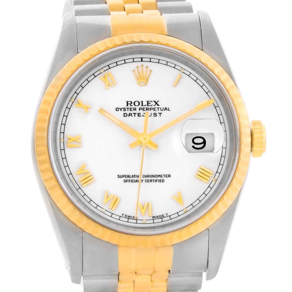 The image shows a front view of a Rolex Datejust 16233 Men's Steel and Gold (two tone) White Dial 16233 Men's Steel and Gold (two tone) White Dial watch, highlighting the dial, bezel, and part of the bracelet.