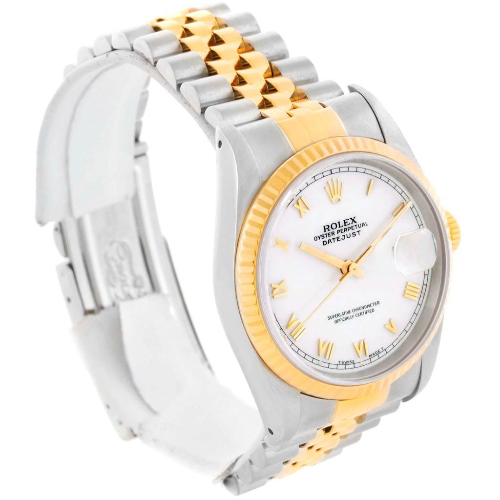 The image shows a Rolex Datejust 16233 Men's Steel and Gold (two tone) White Dial 16233 Men's Steel and Gold (two tone) White Dial watch at a front and right side angle, highlighting the two-tone bracelet and fluted bezel.
