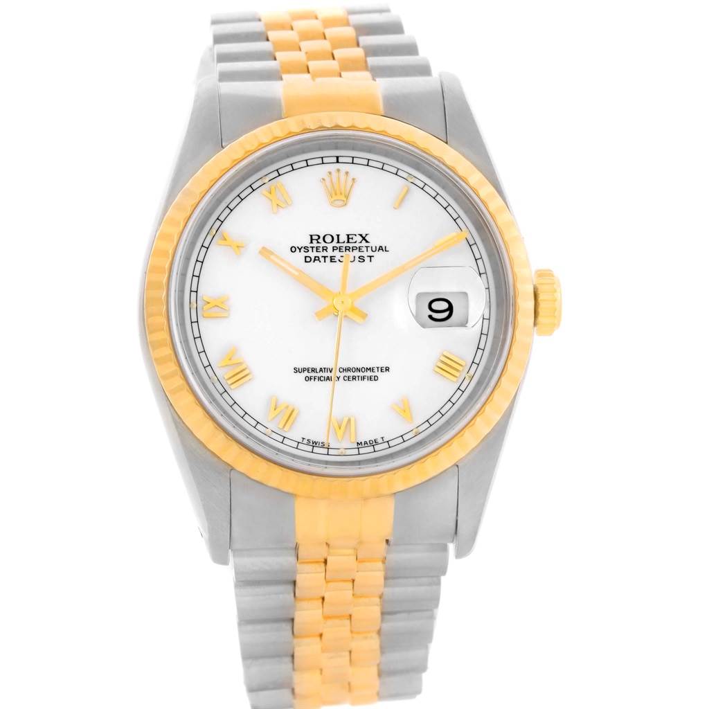 The image shows a front view of a Rolex Datejust 16233 Men's Steel and Gold (two tone) White Dial 16233 Men's Steel and Gold (two tone) White Dial watch with a gold and silver bracelet, gold bezel, and white dial with Roman numerals.