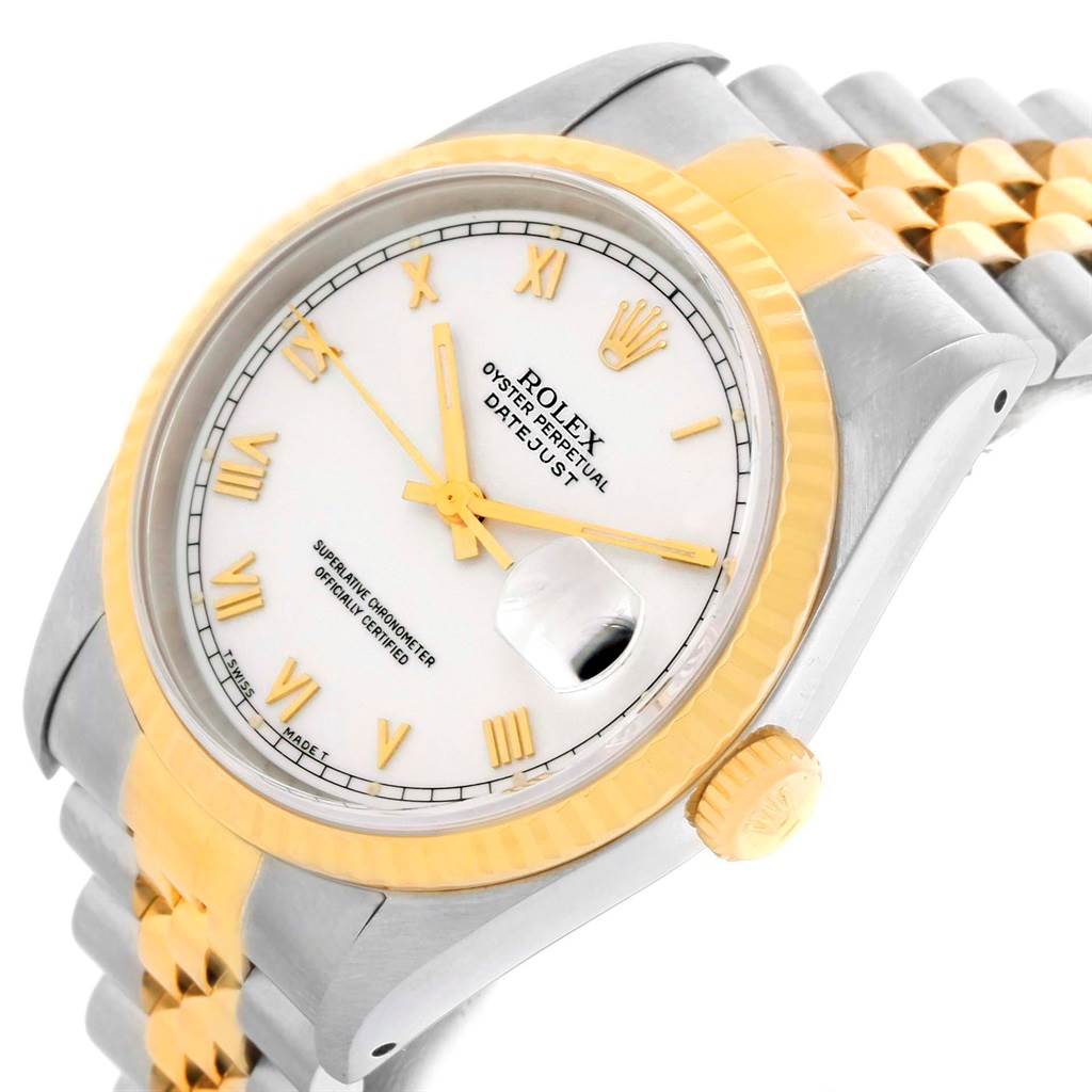 The Rolex Datejust 16233 Men's Steel and Gold (two tone) White Dial 16233 Men's Steel and Gold (two tone) White Dial watch is shown at a slight angle, highlighting the bezel, dial, crown, and part of the bracelet.