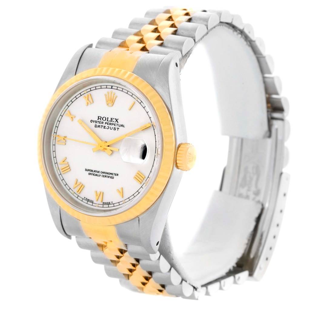 This Rolex Datejust 16233 Men's Steel and Gold (two tone) White Dial 16233 Men's Steel and Gold (two tone) White Dial model watch is shown at an angle displaying its face, bezel, crown, and partial bracelet.
