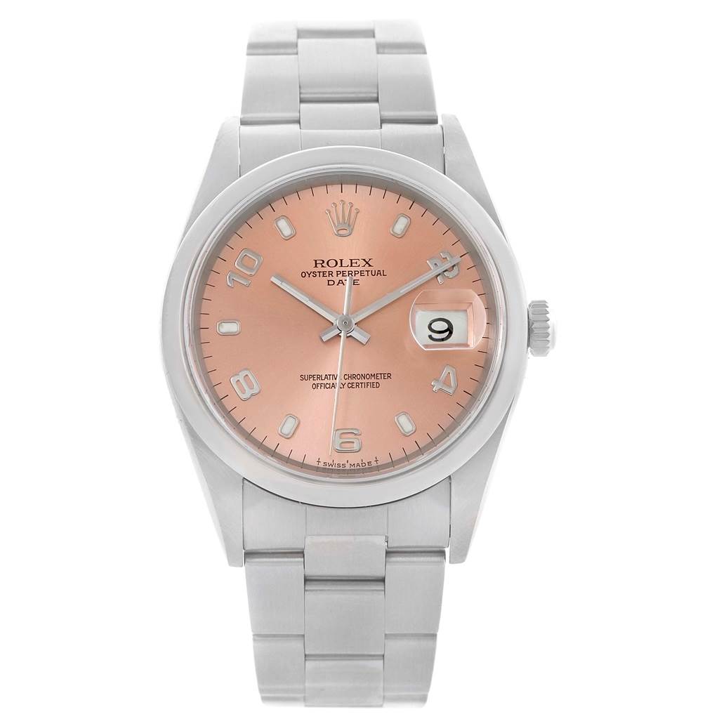 The image shows a front view of a Rolex Datejust 15200 Men's Stainless Steel Pink Dial 15200 Men's Stainless Steel Pink Dial watch featuring a pink dial and the Oyster bracelet.