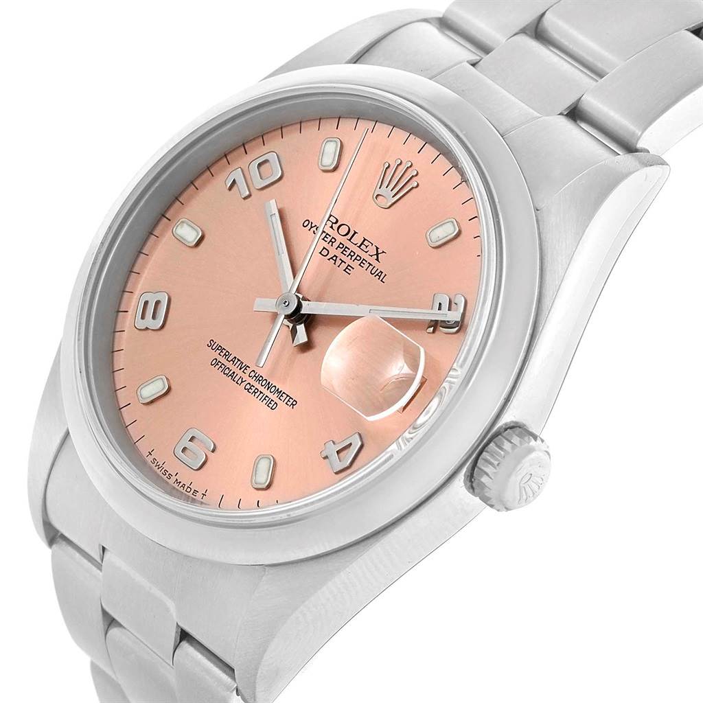 The image shows a close-up angled view of a Rolex Datejust 15200 Men's Stainless Steel Pink Dial 15200 Men's Stainless Steel Pink Dial watch featuring its dial, case, bracelet, and crown.