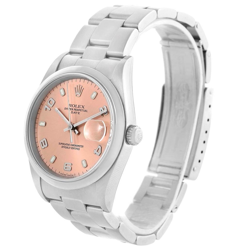 The image shows a side angle view of a Rolex Datejust 15200 Men's Stainless Steel Pink Dial 15200 Men's Stainless Steel Pink Dial watch, featuring the face, crown, and partial bracelet.