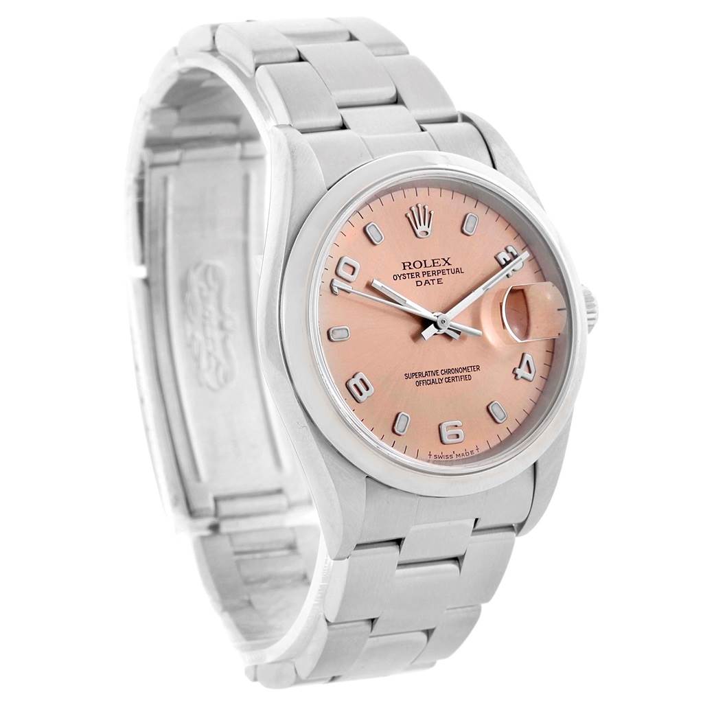 The image shows a Rolex Datejust 15200 Men's Stainless Steel Pink Dial 15200 Men's Stainless Steel Pink Dial watch angled slightly to the left, displaying its bracelet and peach-colored dial prominently.
