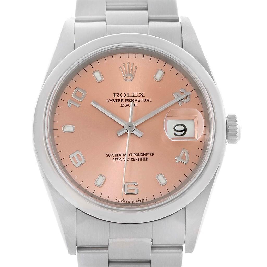 This is a Rolex Datejust 15200 Men's Stainless Steel Pink Dial 15200 Men's Stainless Steel Pink Dial watch shown from the front view, featuring the dial, hands, date window, and part of the bracelet.