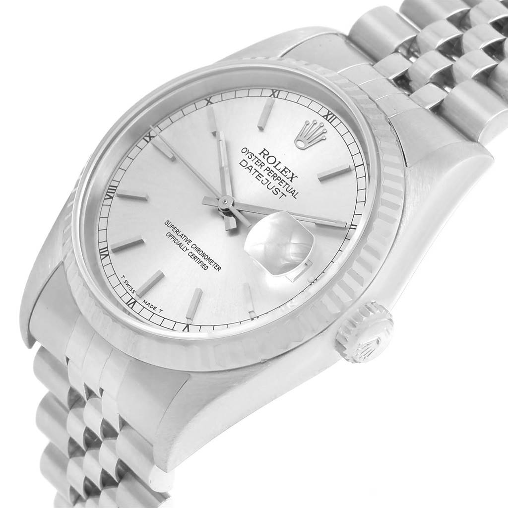This image shows a Rolex Datejust 16234 Men's Stainless Steel Silver Dial 16234 Men's Stainless Steel Silver Dial watch from a 3/4 angle, displaying the dial, bezel, crown, and part of the bracelet.