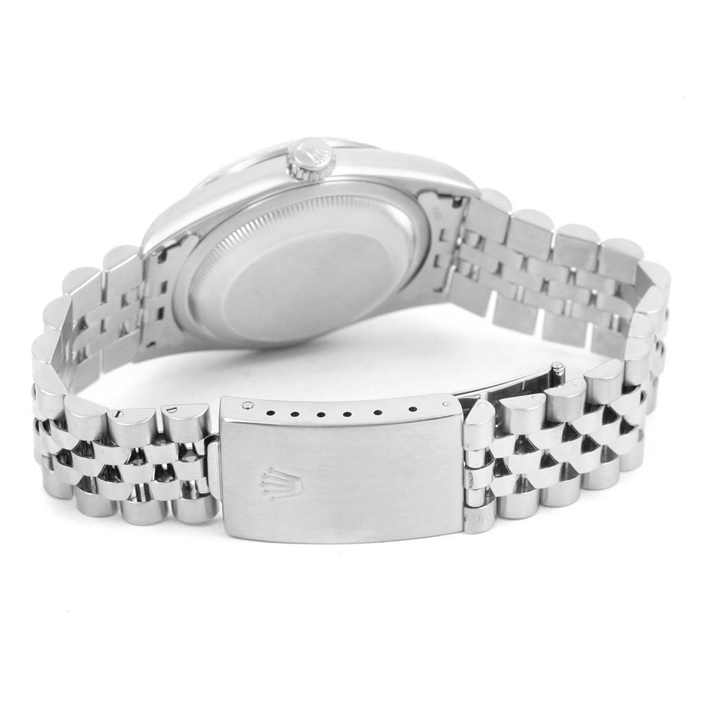 The image shows the back angle of a Rolex Datejust 16234 Men's Stainless Steel Silver Dial 16234 Men's Stainless Steel Silver Dial watch, including the clasp, bracelet, and case back.