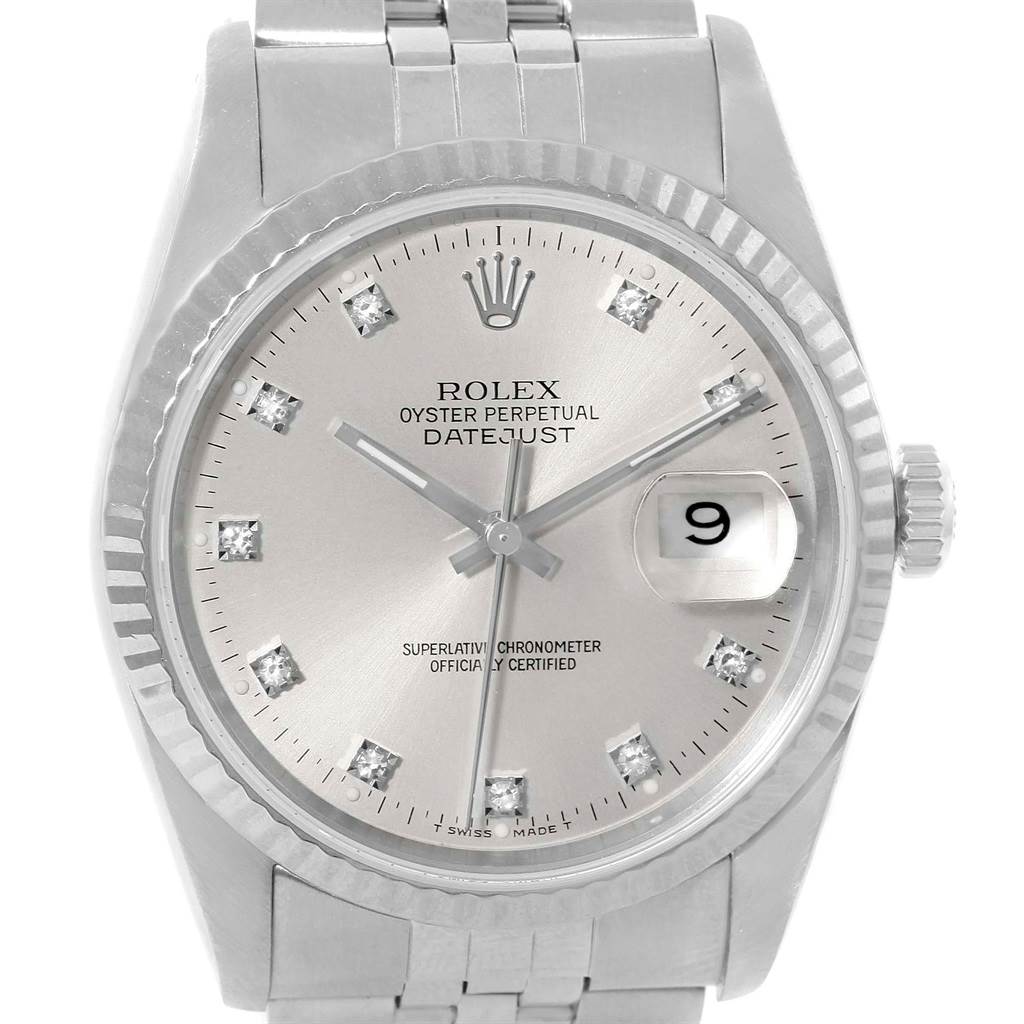 The image shows a front view of a Rolex Datejust 16234 Stainless Steel Silver Dial 16234 Stainless Steel Silver Dial watch, highlighting its face, bezel, and partial bracelet.