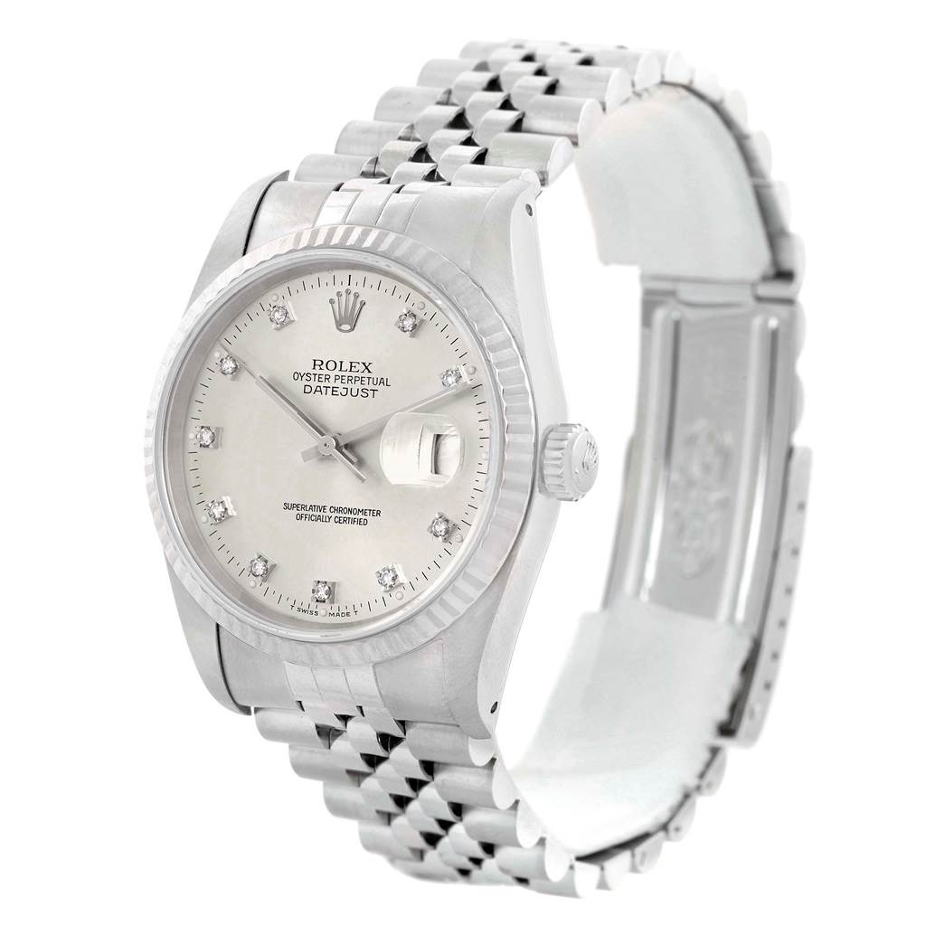 This image shows a Rolex Datejust 16234 Stainless Steel Silver Dial 16234 Stainless Steel Silver Dial watch from a front left angle, displaying the face, crown, and bracelet.