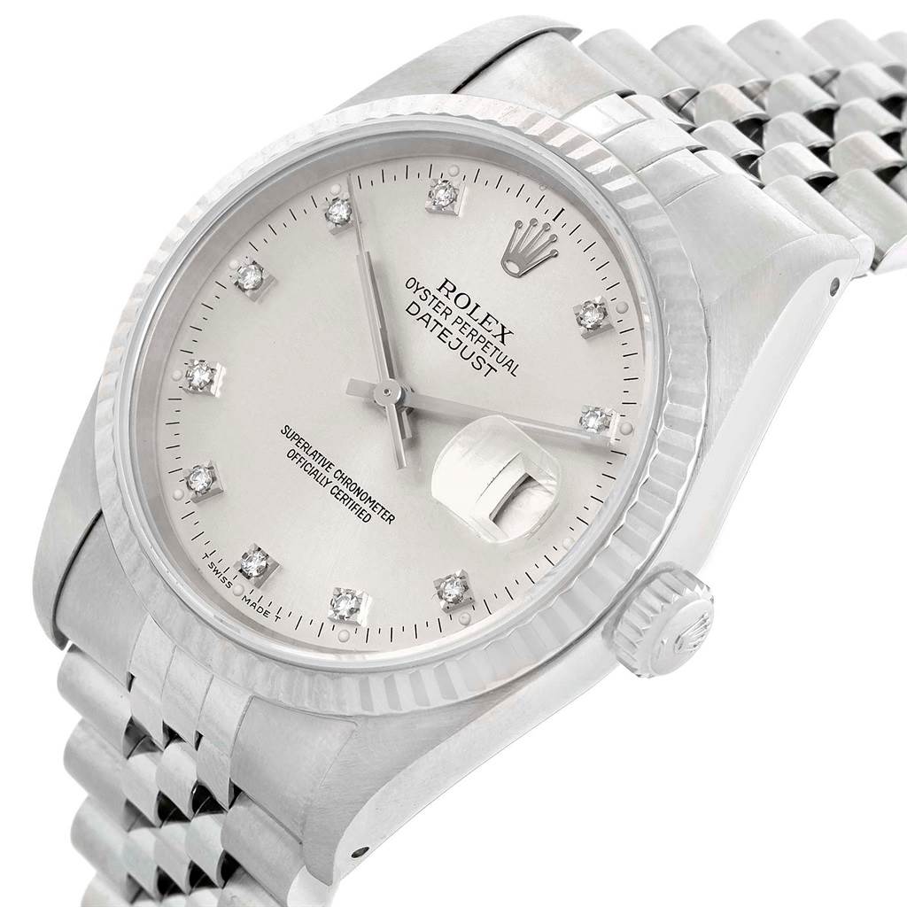 The image shows a stainless steel Rolex Datejust 16234 Stainless Steel Silver Dial 16234 Stainless Steel Silver Dial watch at a slight angle, displaying the dial, bezel, crown, and part of the band.