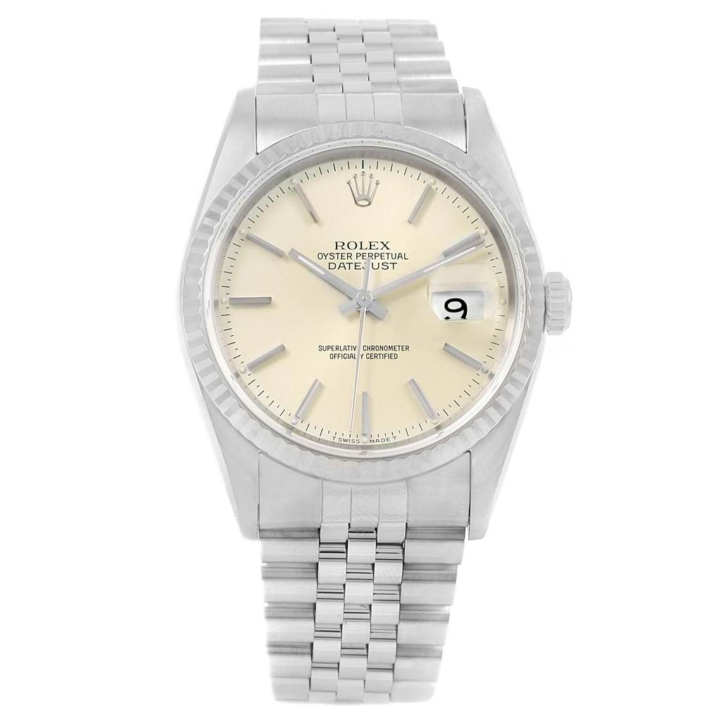 The image shows a front view of the Rolex Datejust 16234 Men's Stainless Steel Silver Dial 16234 Men's Stainless Steel Silver Dial watch, displaying the dial, bracelet, and date window magnifier.