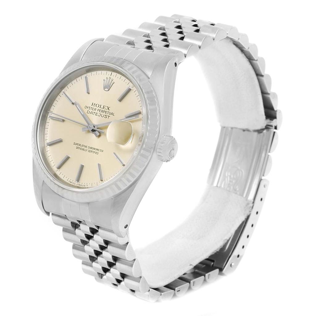 The image shows a Rolex Datejust 16234 Men's Stainless Steel Silver Dial 16234 Men's Stainless Steel Silver Dial watch at a three-quarter angle, displaying the face, bezel, and bracelet.