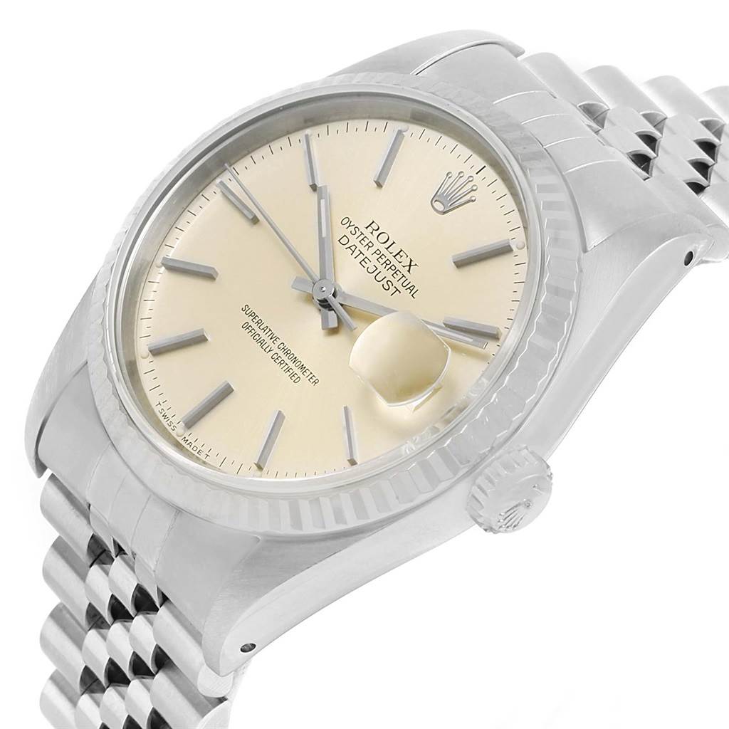 The image shows a Rolex Datejust 16234 Men's Stainless Steel Silver Dial 16234 Men's Stainless Steel Silver Dial watch from an angled view, highlighting its dial, crown, case, and part of the bracelet.