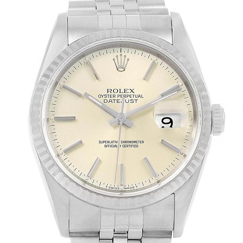 The image shows a front view of a Rolex Datejust 16234 Men's Stainless Steel Silver Dial 16234 Men's Stainless Steel Silver Dial watch, highlighting its dial, hands, bezel, date window, and part of the bracelet.